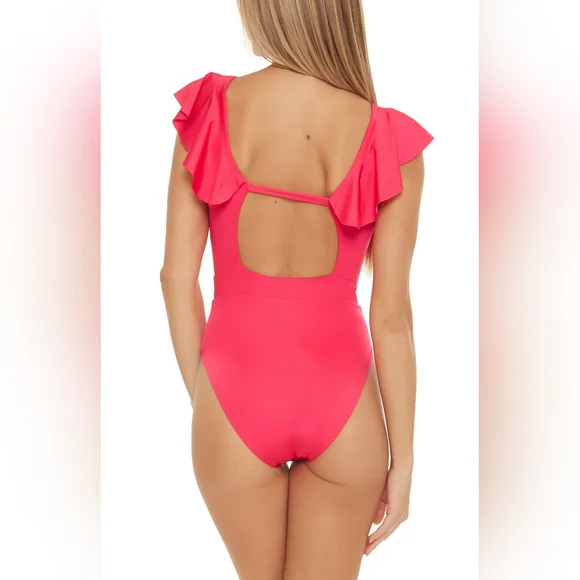 Trina Turk Women's Ruffle-Trim Plunge One-Piece Swimsuit Pink NWT - Picture 2 of 8